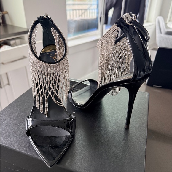Giuseppe Zanotti Black Patent Leather Crystal Fringe Ankle Strap Heels - Picture 2 of 7